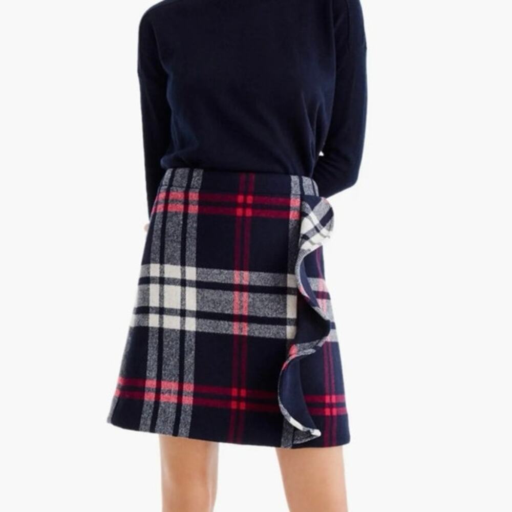 J. Crew Plaid Ruffle Double Serge Wool Mini Skirt sz 4 Plaid